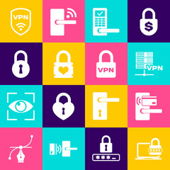 Set Laptop with password, Digital door lock wireless, Server VPN, , Padlock heart and Lock icon. Vector