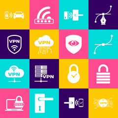 Set VPN with microchip circuit, Lock, Bezier curve, Digital door lock wireless, Cloud interface and Shield icon. Vector