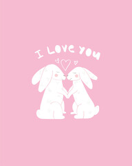 Two rabbits holding hands. White bunnies on a pink background. Lovely couple in love. Romantic vector illustration for valentine's day. Flat style. Great for postcard on February 14th.