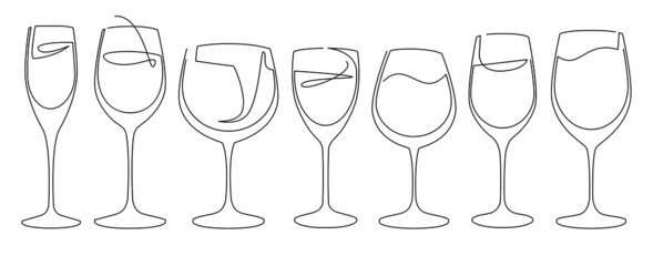 Set of glass goblets for wine and drinks. Continuous line drawing. Isolated on white background illustration.
