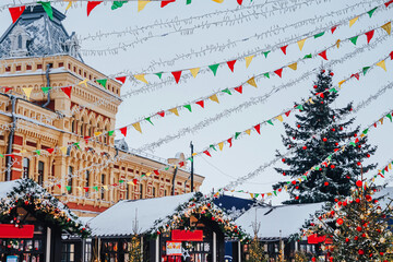 Christmas fair in Nizhny Novgorod. Festive decorations and beautiful pavilions. Exhibition Hall of the Nizhegorodskaya Yarmarka Fair