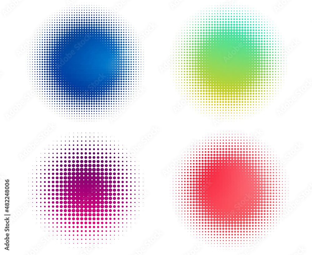 Poster four abstract colorful half tone dots on white. blue, green, purple and red dots. round high resolut