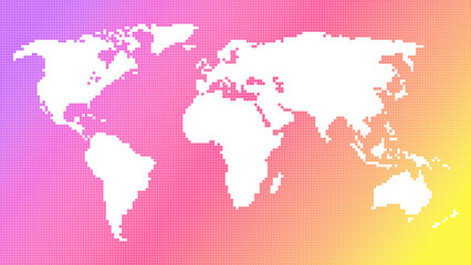 Obraz na płótnie Canvas White world map on a colorful dotted background. Abstract world map, vibrant colors, in 4k resolution.