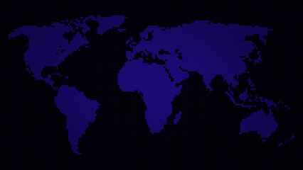 Blue world map on a dark blue dotted background. Abstract world map in 4k resolution.