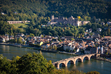 Fototapeta na wymiar Heidelberg old town, Germany, seen from Philosophenweg, with castle, Alte Brücke, Heiliggeist church and Neckar.