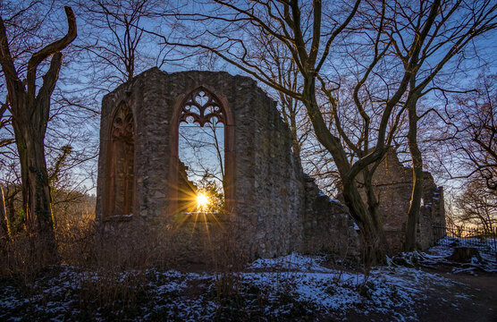 HDR of sunset in winter at the ruin of monastery Heiligenberg,  Odenwald, Seeheim-Jugenheim