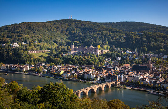 Heidelberg old town, Germany, seen from Philosophenweg, with castle, Alte Brücke and Neckar.