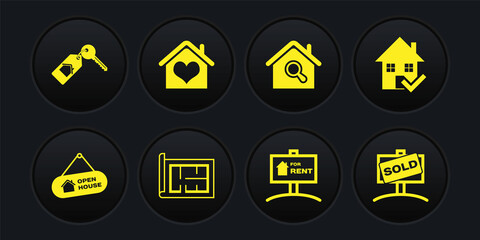 Set Hanging sign with Open house, House check mark, plan, For Rent, Search, heart shape, Sold and key icon. Vector