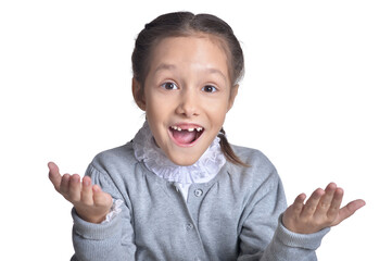 Portrait of cute little girl posing on white background