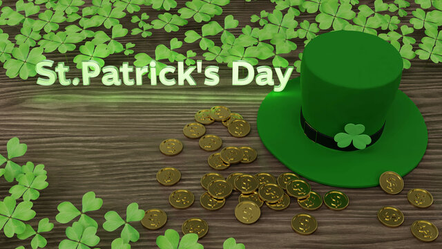 Happy Saint Patrick 's Day with leprechaun hat and golden coin, illuminate text with green fresh clover leaves and wood plank background 3D rendering illustration