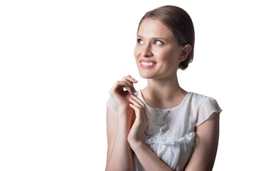 Portrait of beautiful young woman isolated on white background