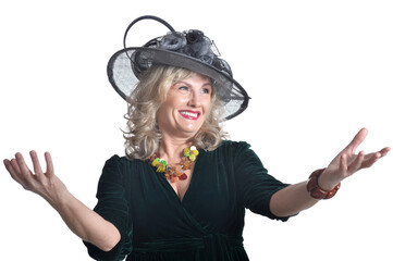 Senior woman wearing black hat isolated on white background