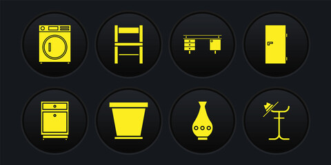 Set Furniture nightstand, Closed door, Flower pot, Vase, Office desk, Chair, Coat and Washer icon. Vector