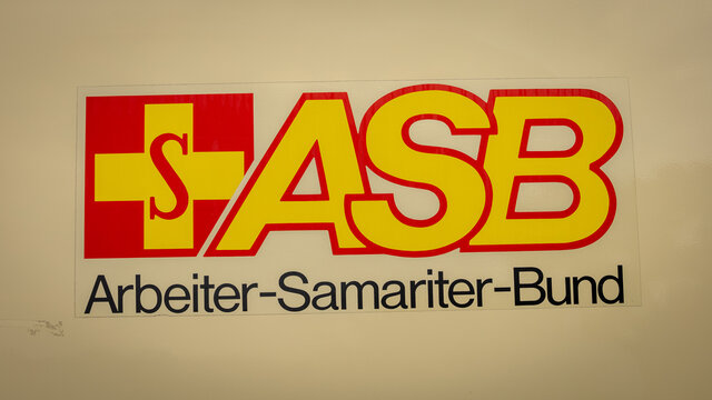 Logo of the German aid organization ASB / Arbeiter-Samariter-Bund on an ambulance