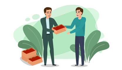Cartoon character farmer holding a crate of red apples. A standing and smiling male character passes apples to a man. Flat vector illustration.