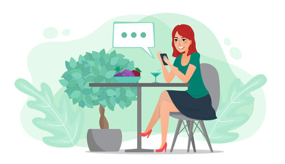 A young woman using a smartphone works and drinks a cocktail in an outdoor cafe. The girl on the Internet in a chat keeps a blog. Cartoon flat vector illustration isolated on white.