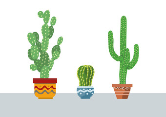 Vector set of colorful cactus plants in colored pots