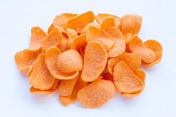 Prawn crackers on white background. Shrimp crispy rice snack