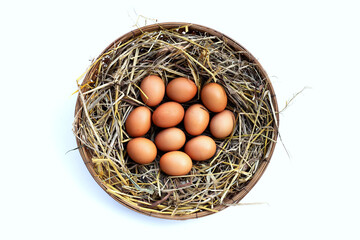 Fresh organic eggs in a straw nest