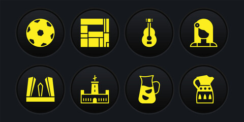Set Gate of Europe, Spanish woman, Montjuic castle, Sangria, guitar, House Edificio Mirador, pitcher and Football ball icon. Vector