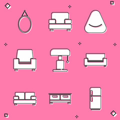Set Mirror, Armchair, Pouf, Table lamp, Sofa, and Chest drawers icon. Vector