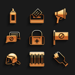 Set First aid kit, Prison window, Broken bottle as weapon, Protest, Police helmet, Speech bubble chat, Megaphone and Paint spray can icon. Vector