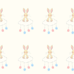Cute Easter Bunny on a Cloud Seamless Pattern