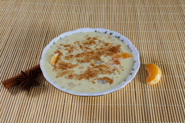 indian style sweet desert custard creamy milk fruit salad with cinnamon natural flavor,top view