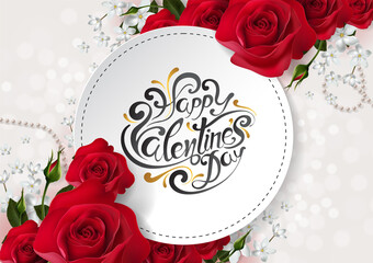 Valentine's day greeting card templates with realistic of beautiful rose and heart on background color.