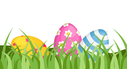Easter eggs in the grass. Color egg set with different textures, patterns and colors. Spring holiday. Vector illustration isolated on white background.	