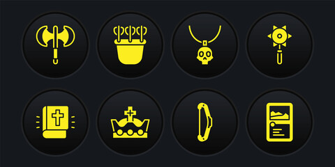 Set Holy bible book, Medieval chained mace ball, King crown, bow, Necklace amulet, Quiver with arrows, Card game collection and poleaxe icon. Vector