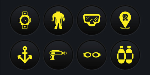 Set Anchor, Scallop sea shell, Fishing harpoon, Glasses for swimming, Diving mask, Wetsuit scuba diving, Aqualung and watch icon. Vector