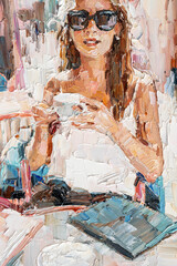 .Pensive girl in a cafe reads a book and drinks coffee. Woman drinking tea reading a magazine. Oil painting on canvas. Contemporary art.