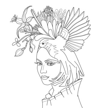 Coloring pages. Coloring Book for adults. Coloring pictures with girl head. romantic concept. Zen art style illustration.