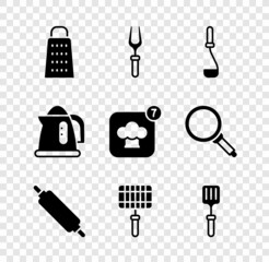 Set Grater, Barbecue fork, Kitchen ladle, Rolling pin, steel grid, spatula, Electric kettle and Chef hat icon. Vector