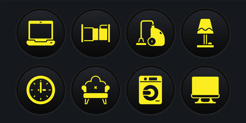 Set Clock, Table lamp, Sofa, Washer, Vacuum cleaner, Bed, Smart Tv and Laptop icon. Vector