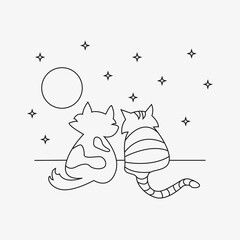 Two cats sit under the moon. Kissing cats, illustration for Valentine's Day. Cats in love. Animals. Night with stars, line art vector for print on things. Romantic evening with her. Back View.