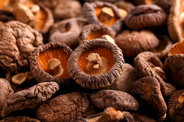 Dried Shiitake mushrooms, close up. Healthy asian food.