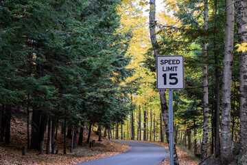 Sign for 15 mph speed limit through Presque Isle Park in Marquette, Michigan during fall