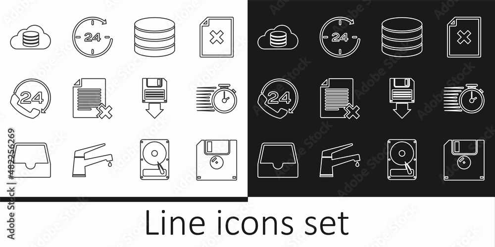 Poster set line floppy disk, stopwatch, database, delete file document, telephone 24 hours support, cloud d