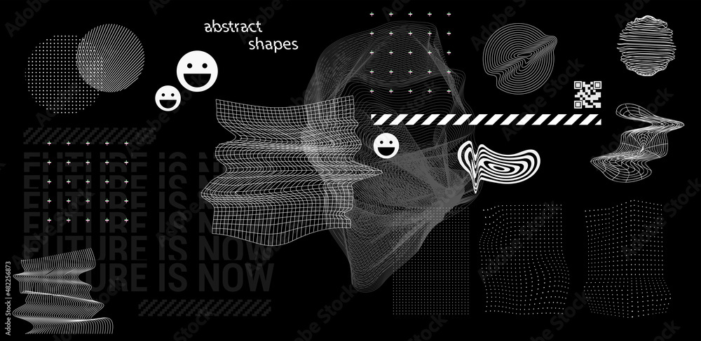 Poster black and white universal geometric shapes collection. memphis design elements in vaporwave and retr