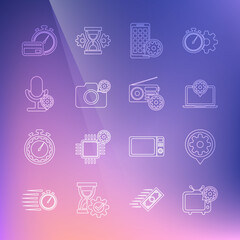 Set line Tv setting, Setting, Laptop, Mobile Apps, Photo camera, Microphone, Fast payments and Radio icon. Vector