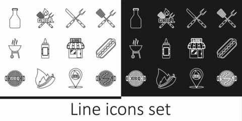 Set line Barbecue grill with sausage, Hotdog sandwich, Crossed fork knife, Mustard bottle, Ketchup, shopping building and spatula icon. Vector
