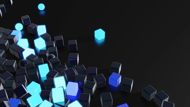 Abstract garland of blue glow cubes lay on plane. 3d render abstract looped christmas background with garland cubes. Festive bright beautiful bg. Festive toys cubes on plane