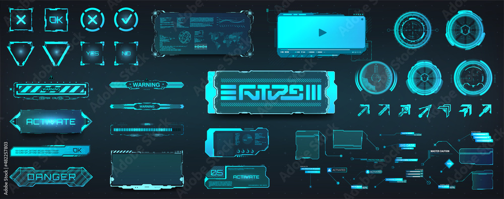 Poster Digital HUD box set for futuristic UI, UX, GUI projects. Futuristic User Interface with sci-fi callouts titles, aim, digital frame, info call, bar labels in HUD style. Template info boxes fi. UI set