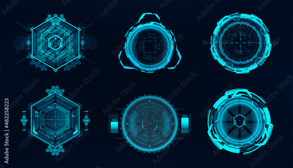 Poster Hi-tech FUI on aim of sniper weapon or futuristic game target. Futuristic set Control Center Display HUD. Camera viewfinder FUI. Template focus screen for camera. Military aim rifle and gun. Vector