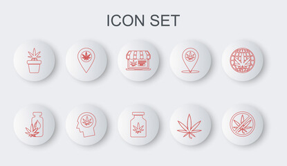 Set line Stop marijuana, Marijuana or cannabis leaf oil, Online buying, plant pot, Location and, Head profile with and Medical bottle icon. Vector