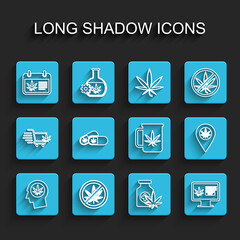 Set line Head in profile with marijuana, Stop, Calendar and, Medical bottle, Online buying, pills, Location and Cup tea icon. Vector