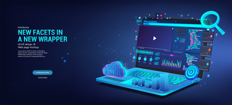 Web development and coding. Software, UI, UX, KIT, programming and design. Blue banner Web coding on laptop. 3D laptop with API program code. Concept online development Software. Vector banner