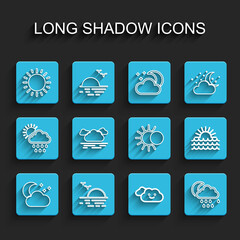 Set line Cloud with moon and stars, Sunset, rain, and Eclipse of the sun icon. Vector